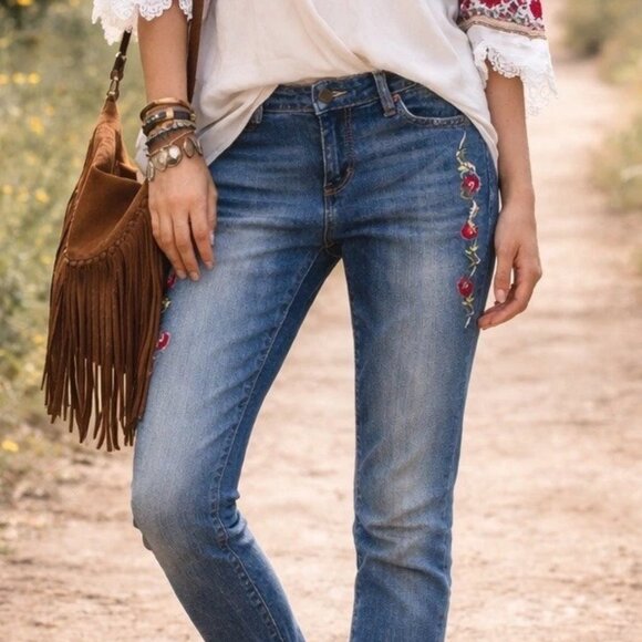 Driftwood Denim - Driftwood Embroidered Jeans Womens 30 Floral Bohemian Distressed Selvage